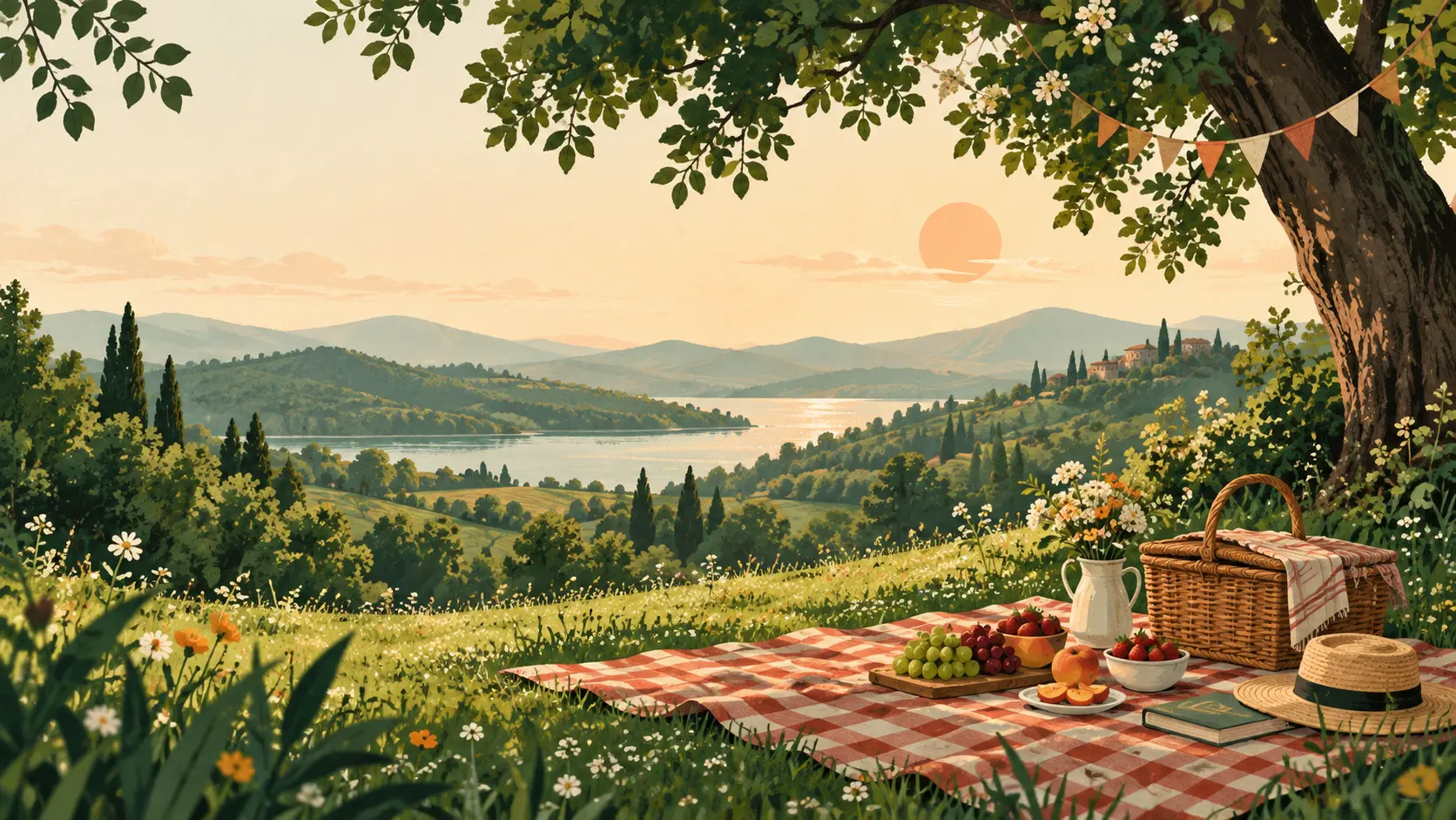 A picnic waiting beside a lake at sunset