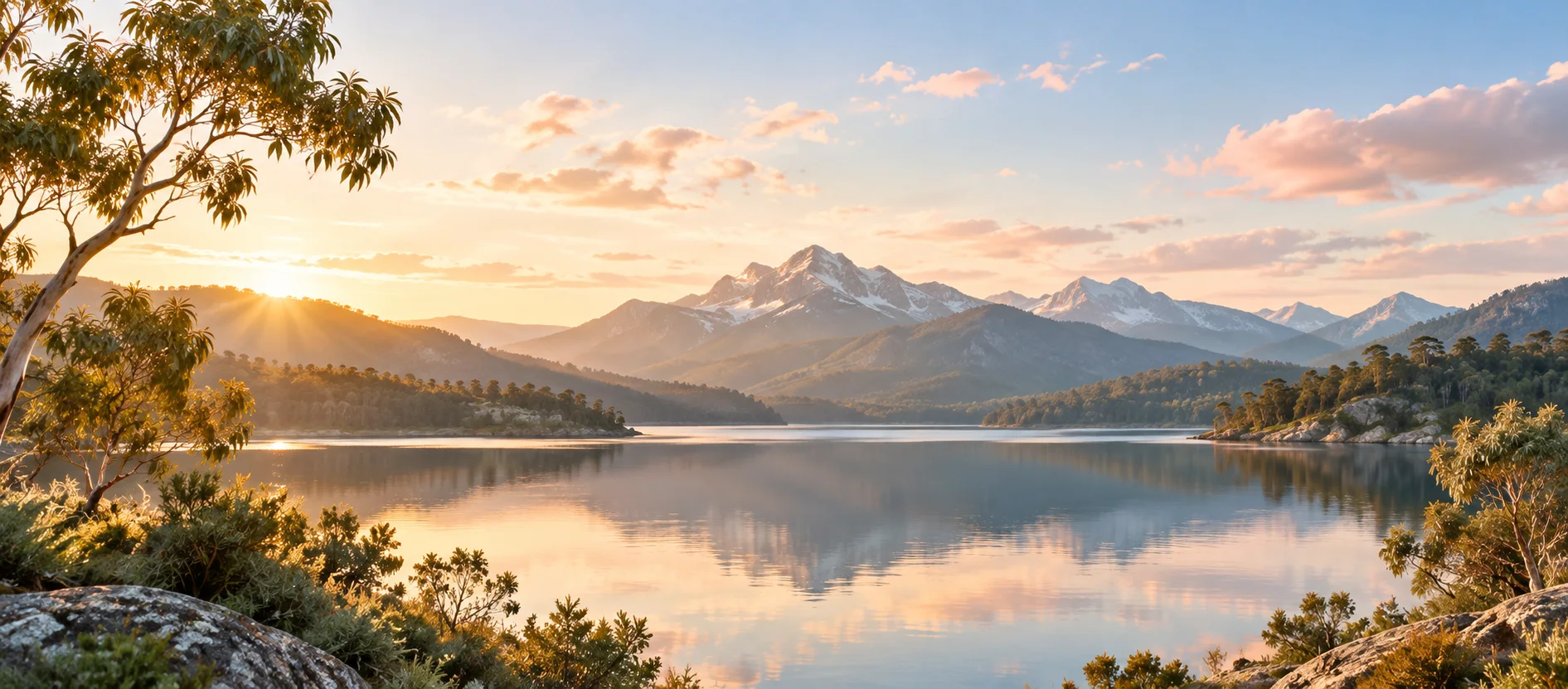 Sunrise over a calm mountain lake